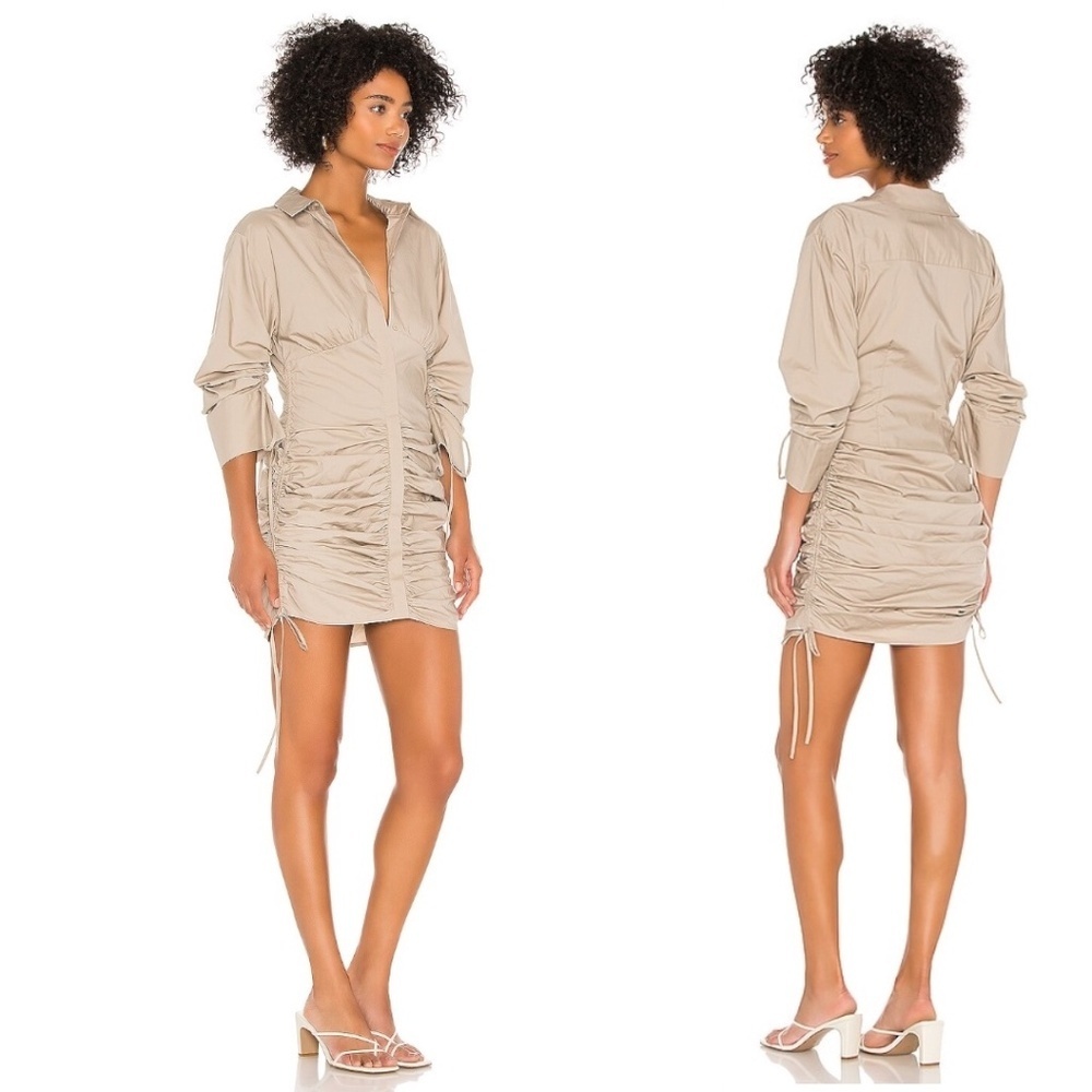 NWT- L’ACADEMIE Cotton Mini Shirt Dress Ruched Brigitte Neutral Khaki Size XL